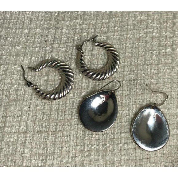 Estate Jewelry - Two Pair of Silver Tone Earrings-One Pair Twisted Rope Hoops-One pair Oval Discs